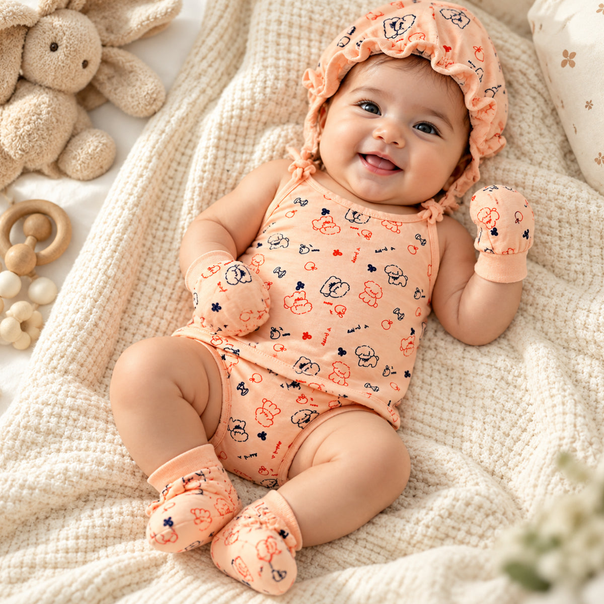 Newborn Baby Peach Printed 5-Piece Clothing Set | Sleeveless Top with Cap, Mittens, Booties & Nappy