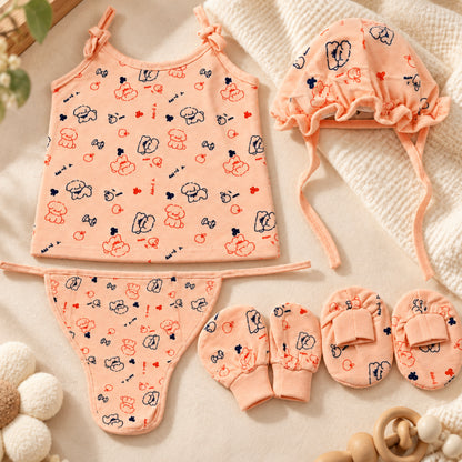 Newborn Baby Peach Printed 5-Piece Clothing Set | Sleeveless Top with Cap, Mittens, Booties & Nappy