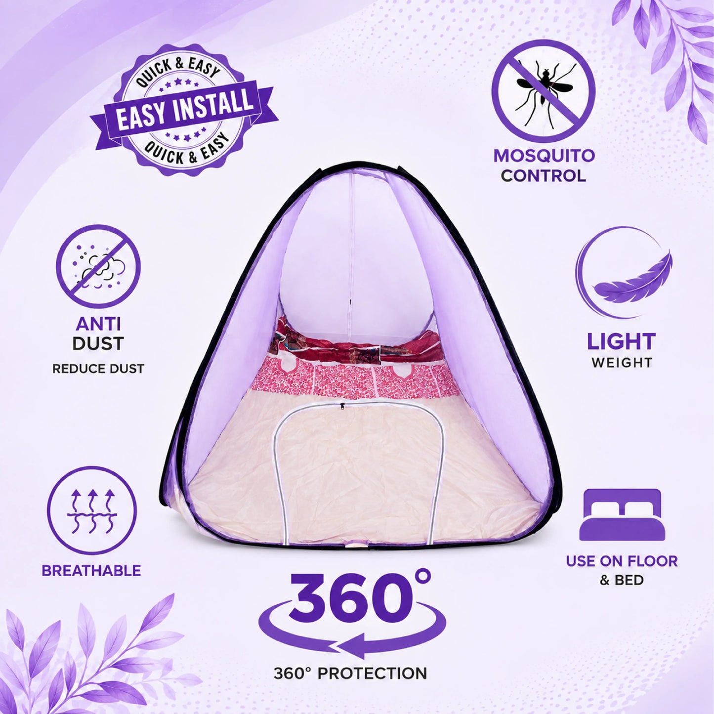Foldable Pop-Up Mosquito Net Tent – Light Purple