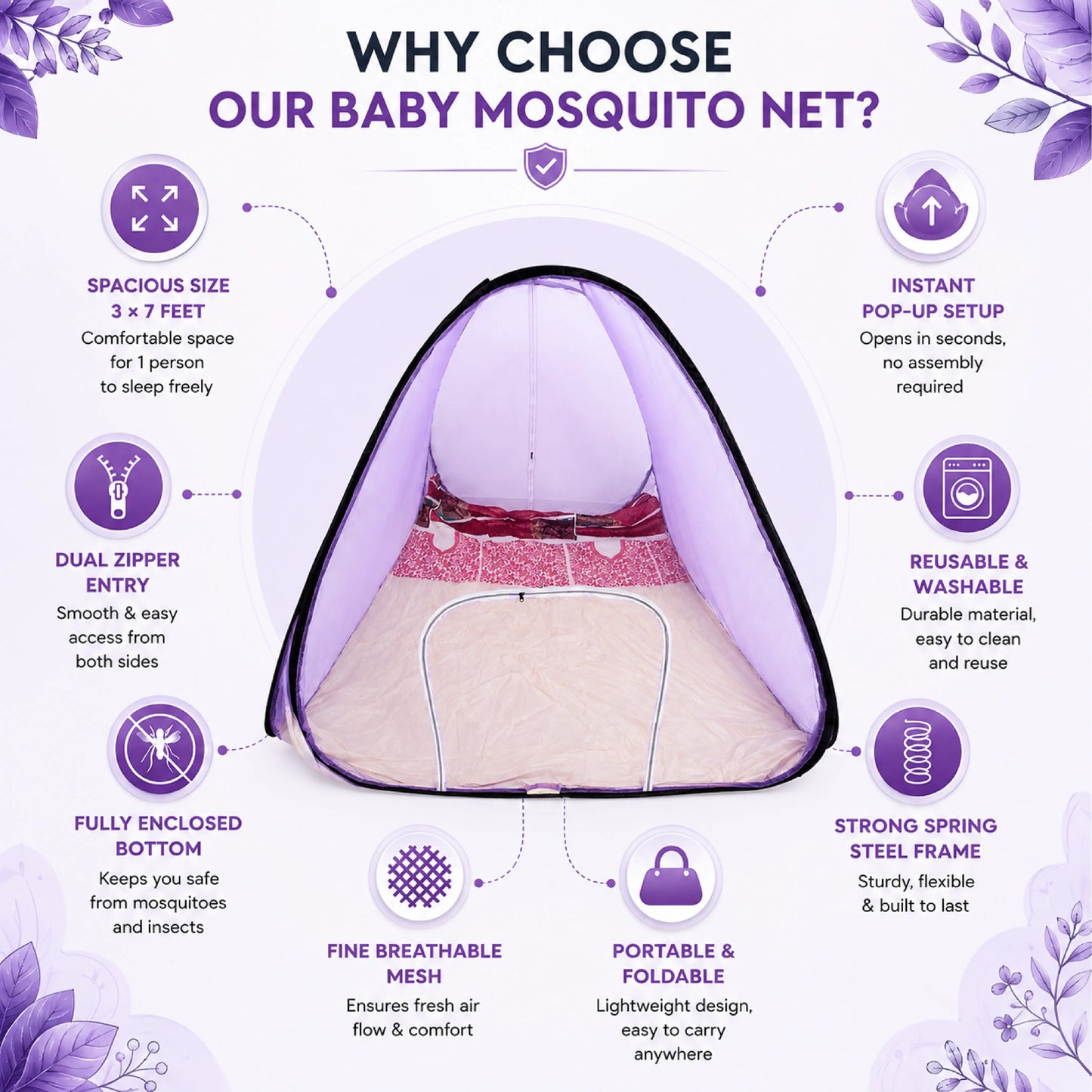 Foldable Pop-Up Mosquito Net Tent – Light Purple