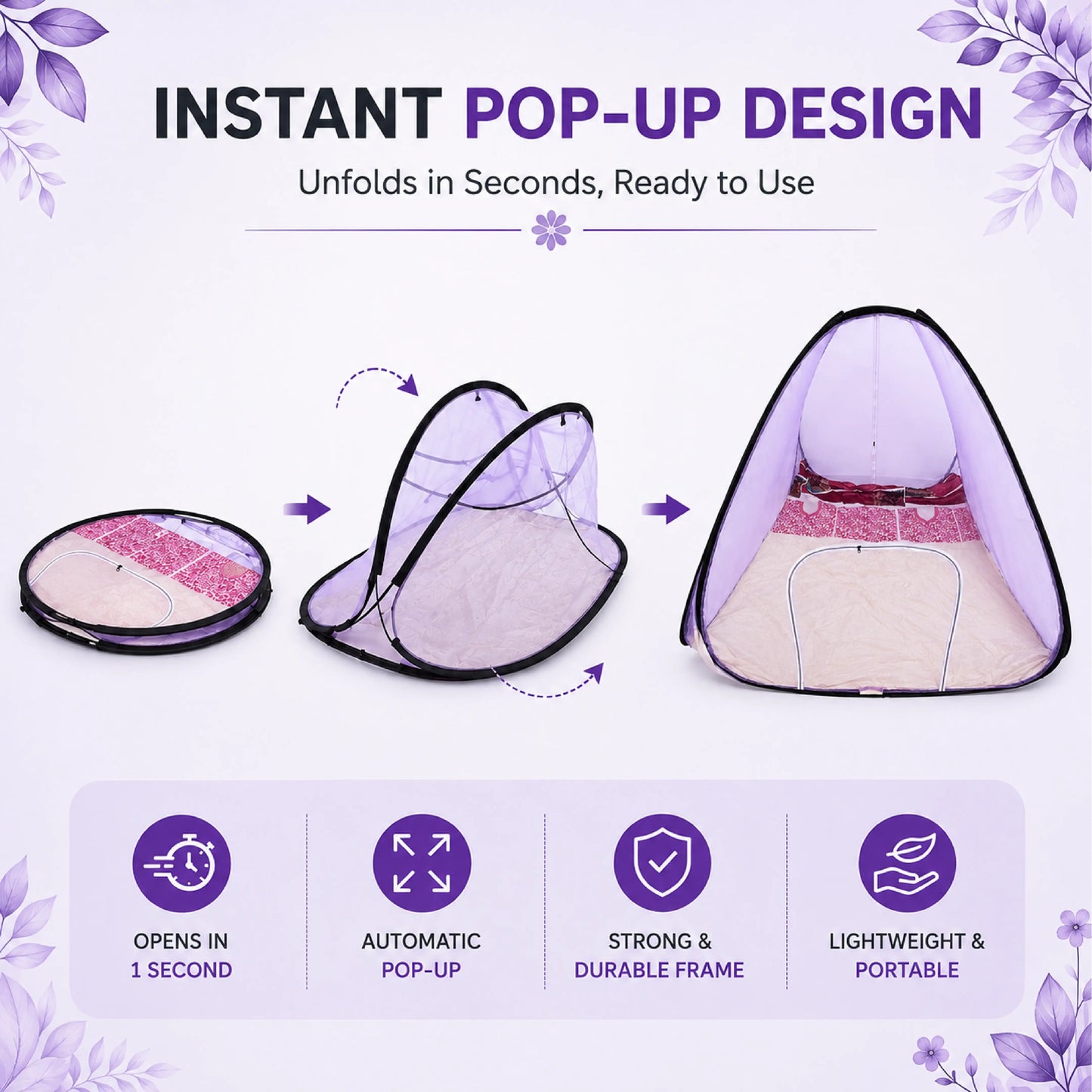 Foldable Pop-Up Mosquito Net Tent – Light Purple