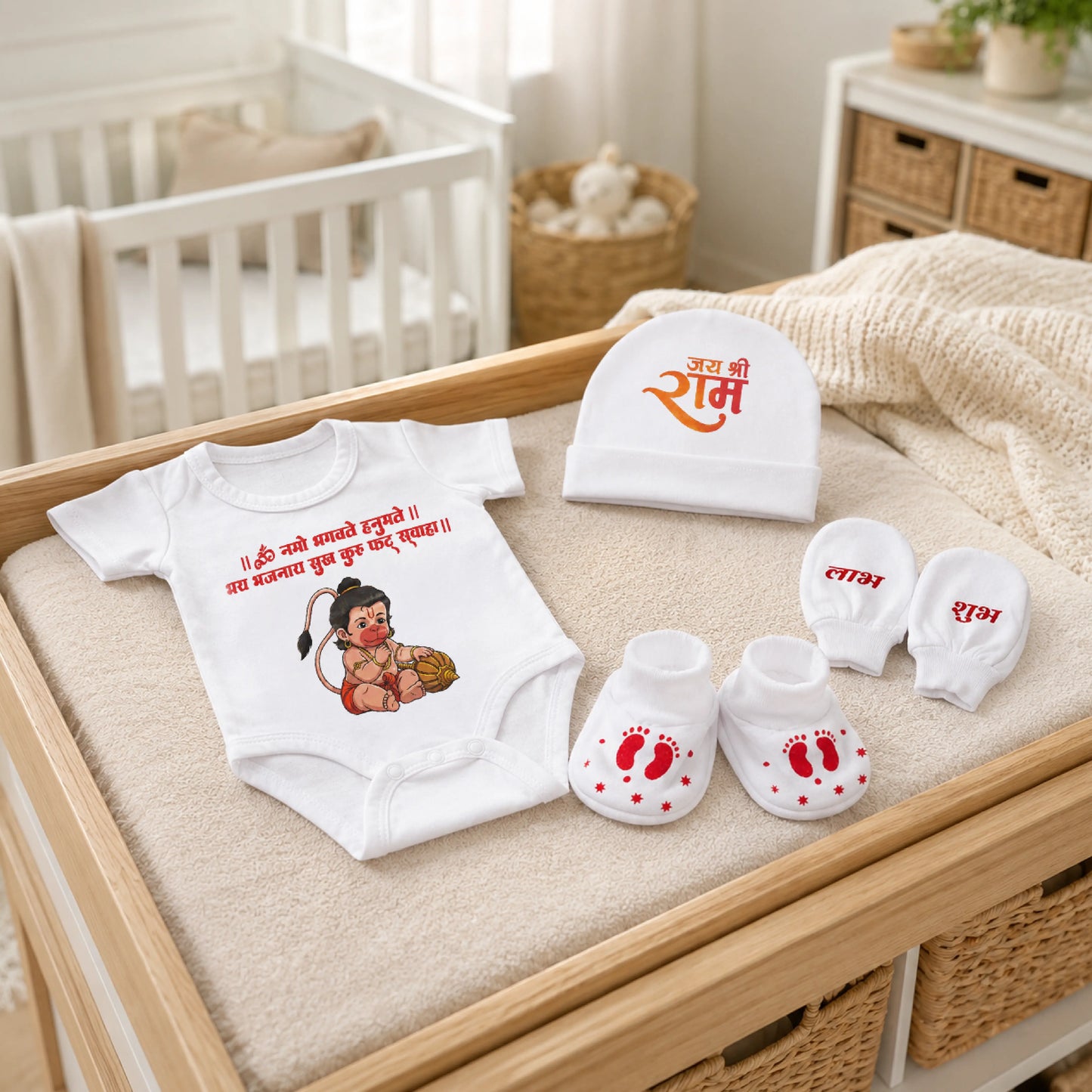 Baby Bal Hanuman Cotton Romper Gift Set with Cap, Mittens & Booties