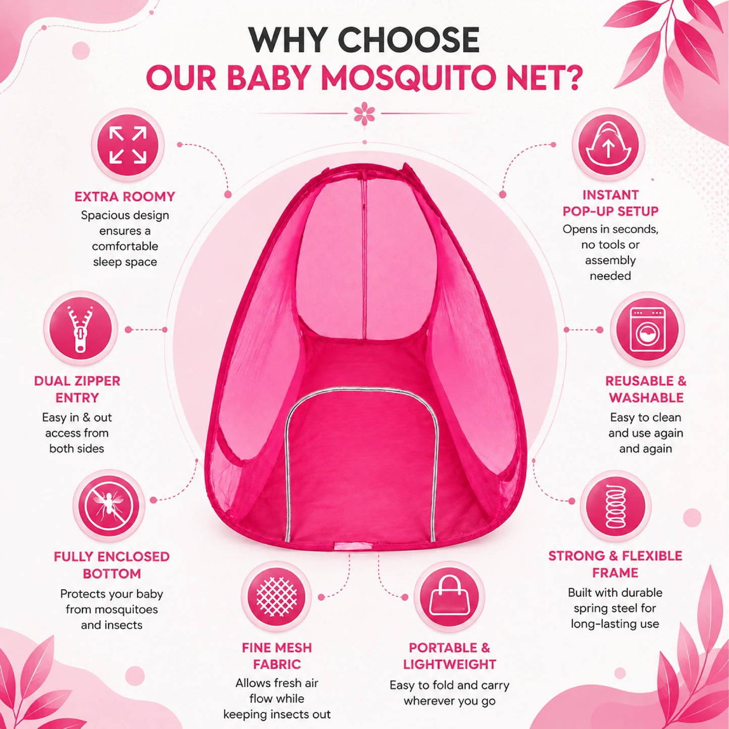 Foldable Pop-Up Mosquito Net Tent – Dark Pink