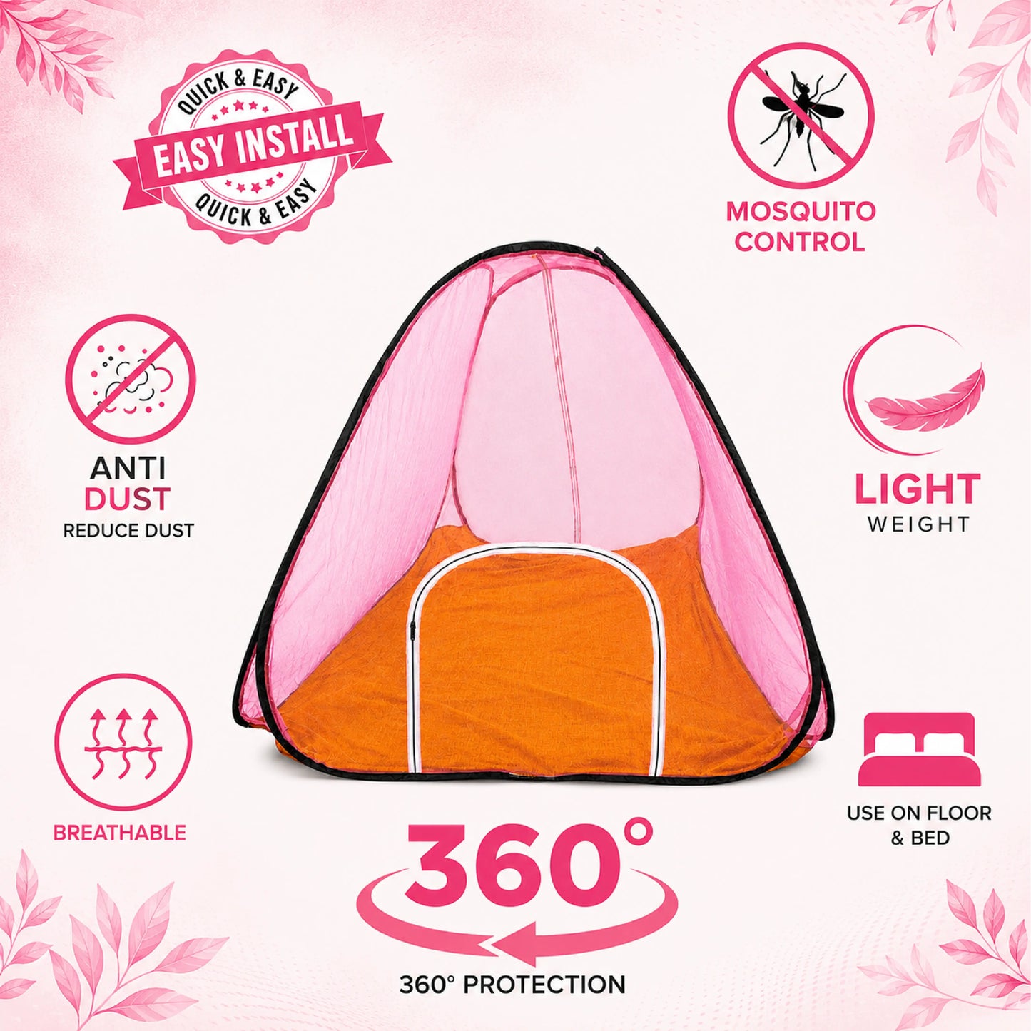 Foldable Pop-Up Mosquito Net Tent – Light Pink