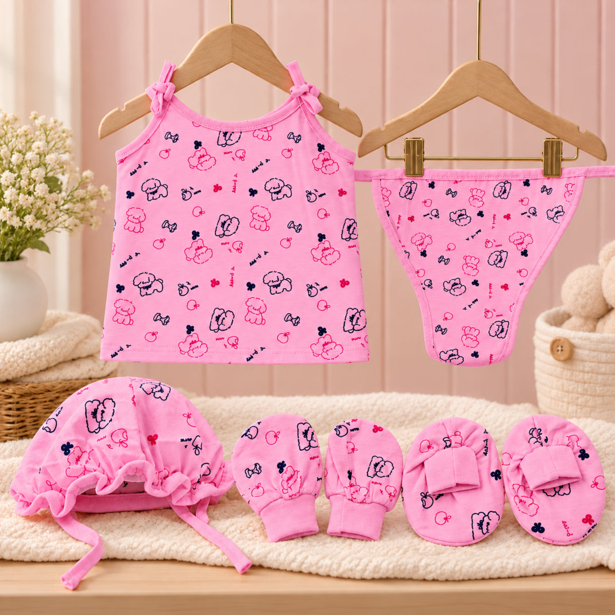 Newborn Baby Pink Printed 5-Piece Clothing Set | Sleeveless Top with Cap, Mittens, Booties & Nappy (Copy)