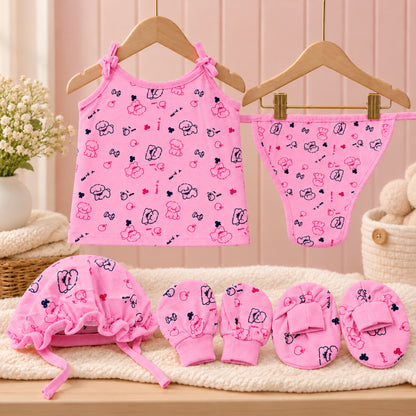 Newborn Baby Pink Printed 5-Piece Clothing Set | Sleeveless Top with Cap, Mittens, Booties & Nappy (Copy)