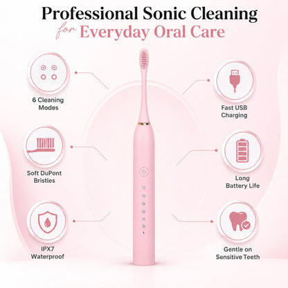 Pink Sonic Electric Toothbrush – Rechargeable & Waterproof – Pack of 1