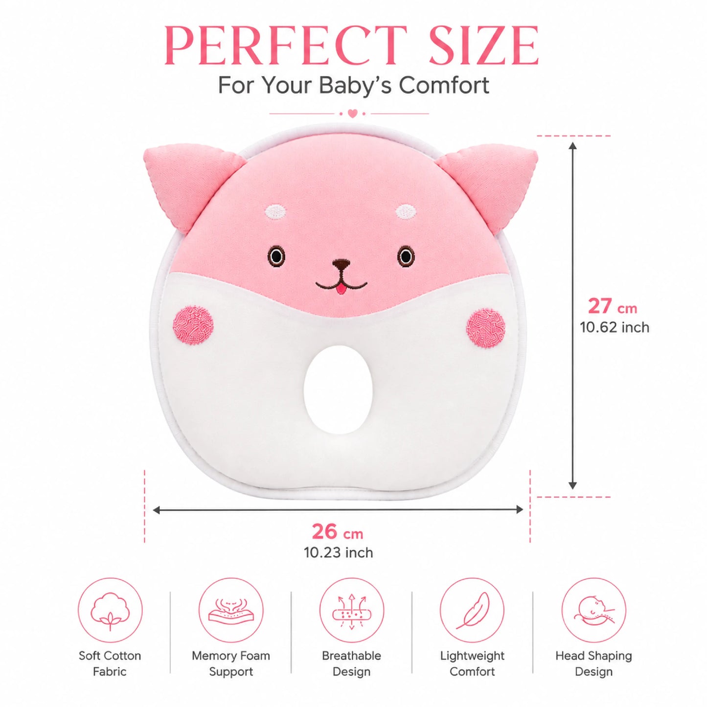 Pink Cat Design Baby Head Shaping Pillow – Pack of 1