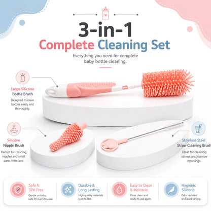 Baby Feeding Bottle Cleaning Brush Set, BPA Free – Pink