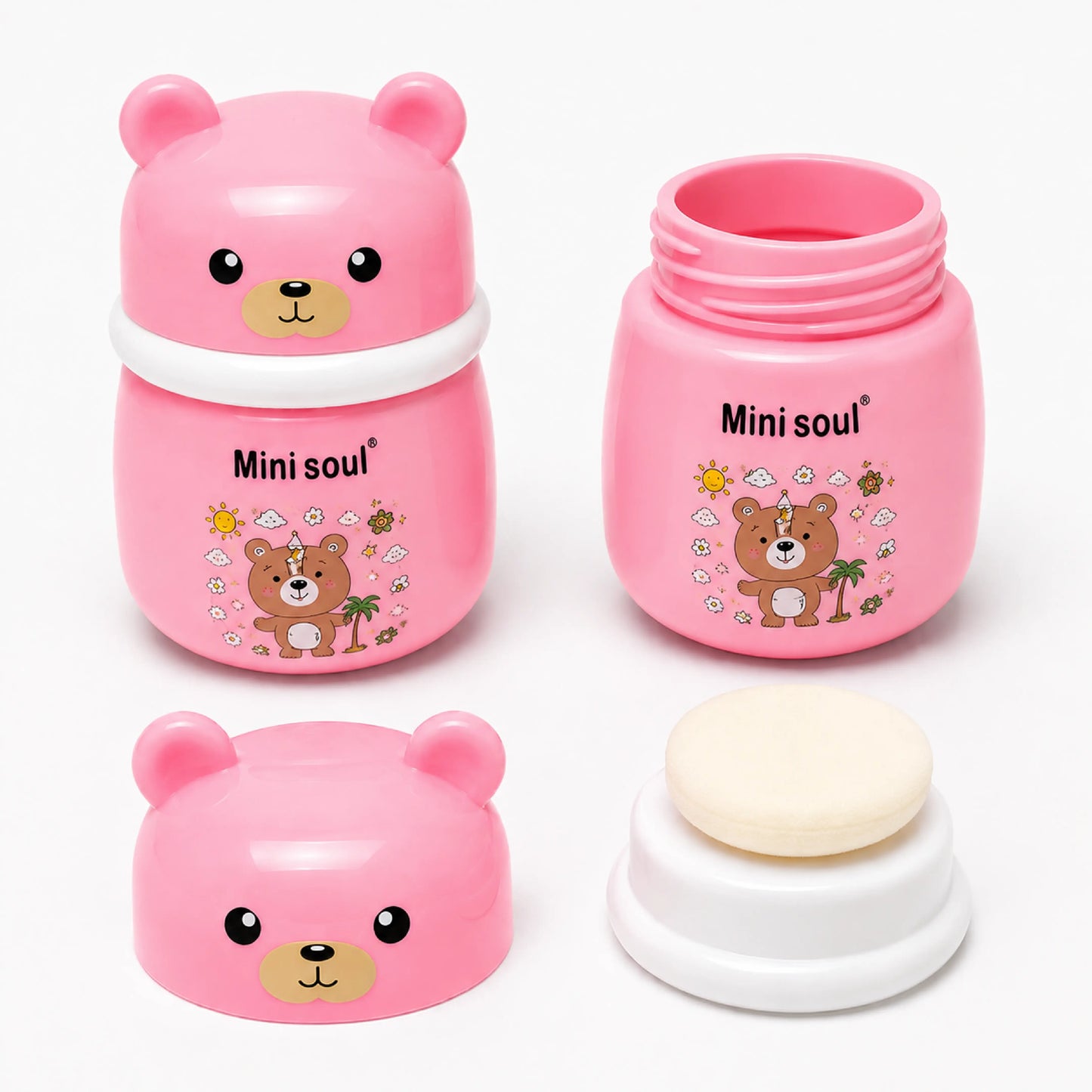 Cute Bear Baby Powder Storage Box with Puff – Pink