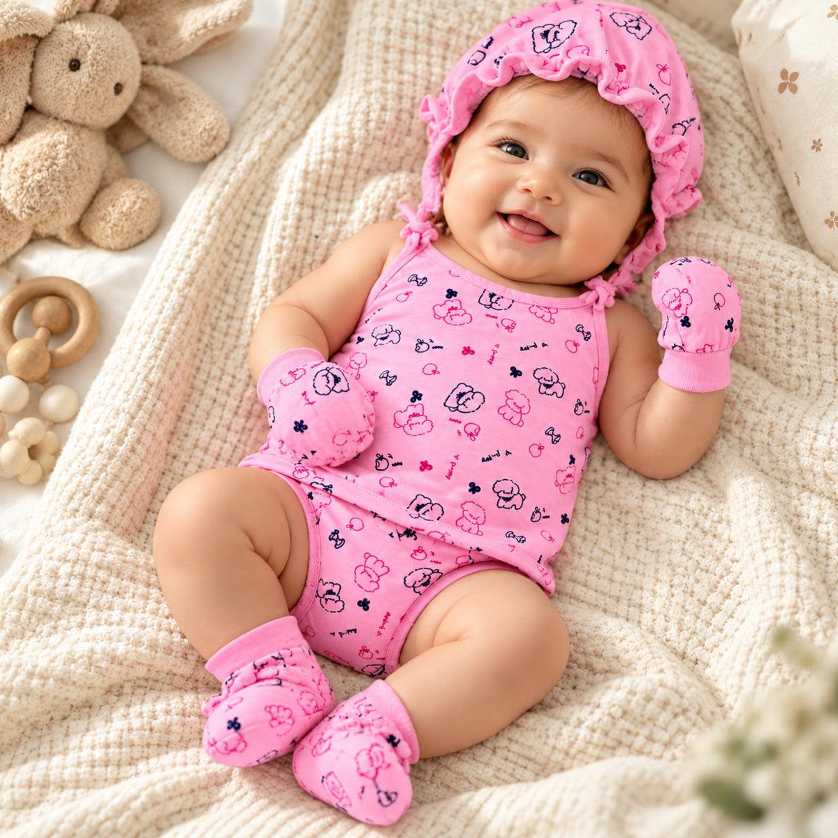 Newborn Baby Pink Printed 5-Piece Clothing Set | Sleeveless Top with Cap, Mittens, Booties & Nappy (Copy)