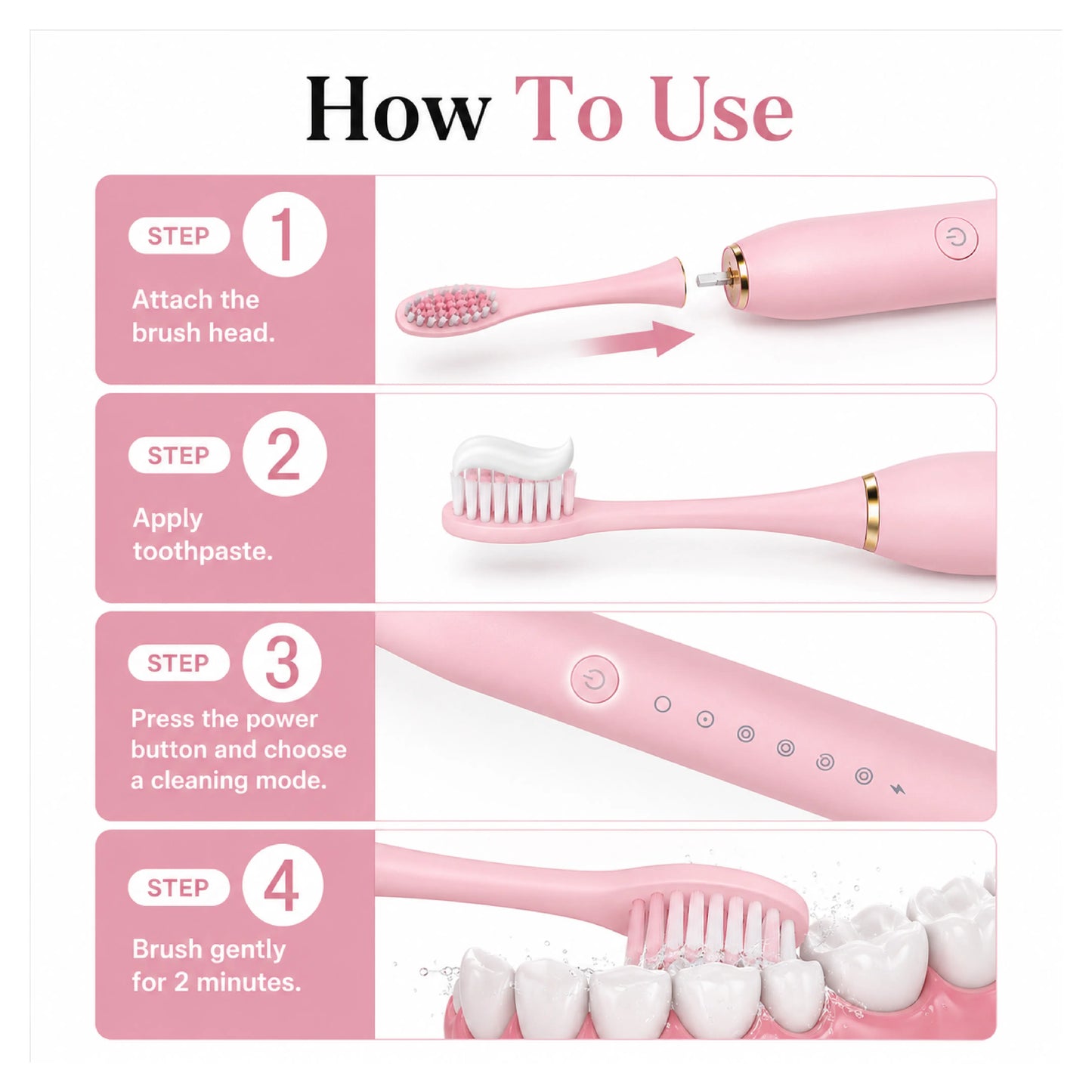 Pink Sonic Electric Toothbrush – Rechargeable & Waterproof – Pack of 1