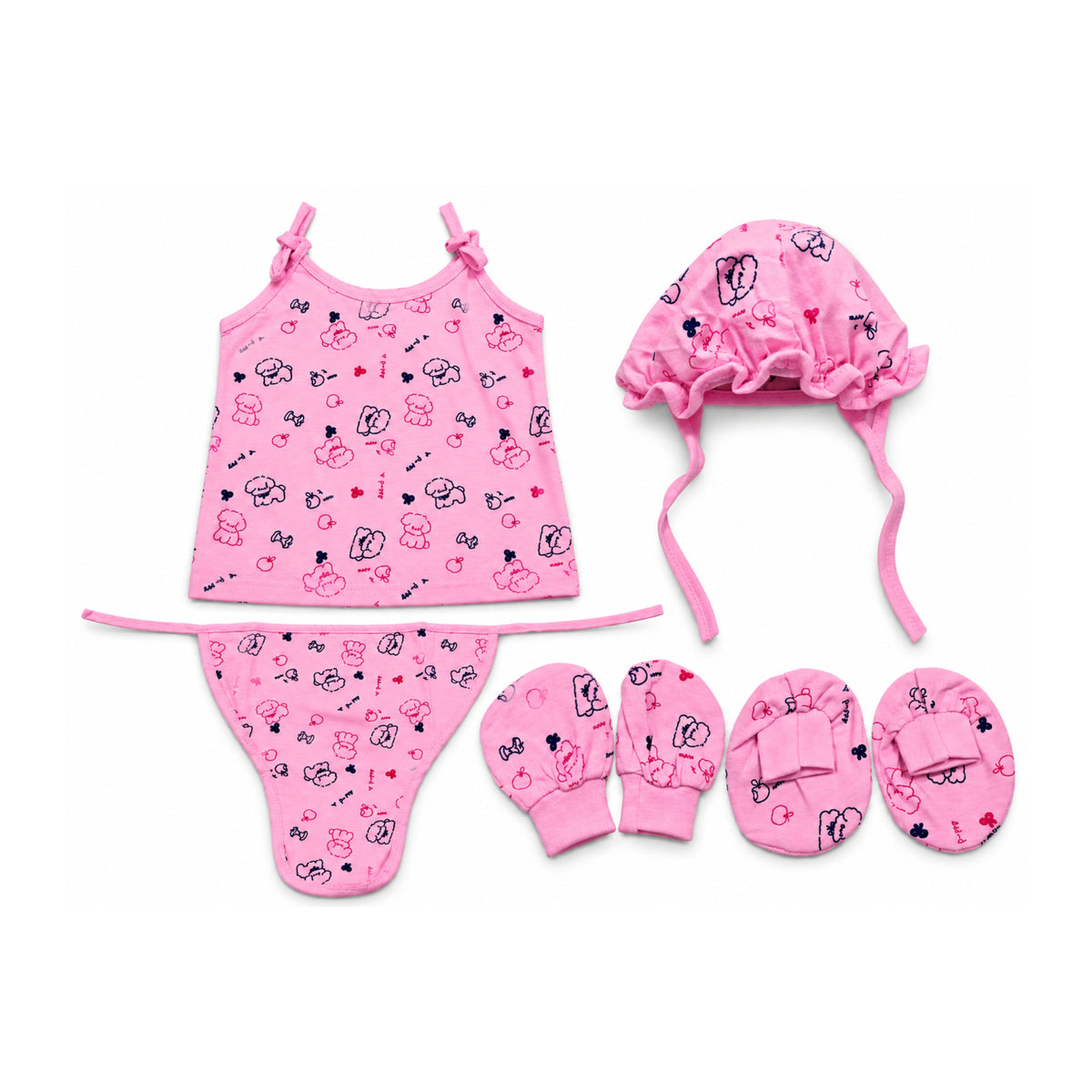 Newborn Baby Pink Printed 5-Piece Clothing Set | Sleeveless Top with Cap, Mittens, Booties & Nappy (Copy)
