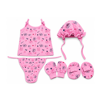 Newborn Baby Pink Printed 5-Piece Clothing Set | Sleeveless Top with Cap, Mittens, Booties & Nappy (Copy)