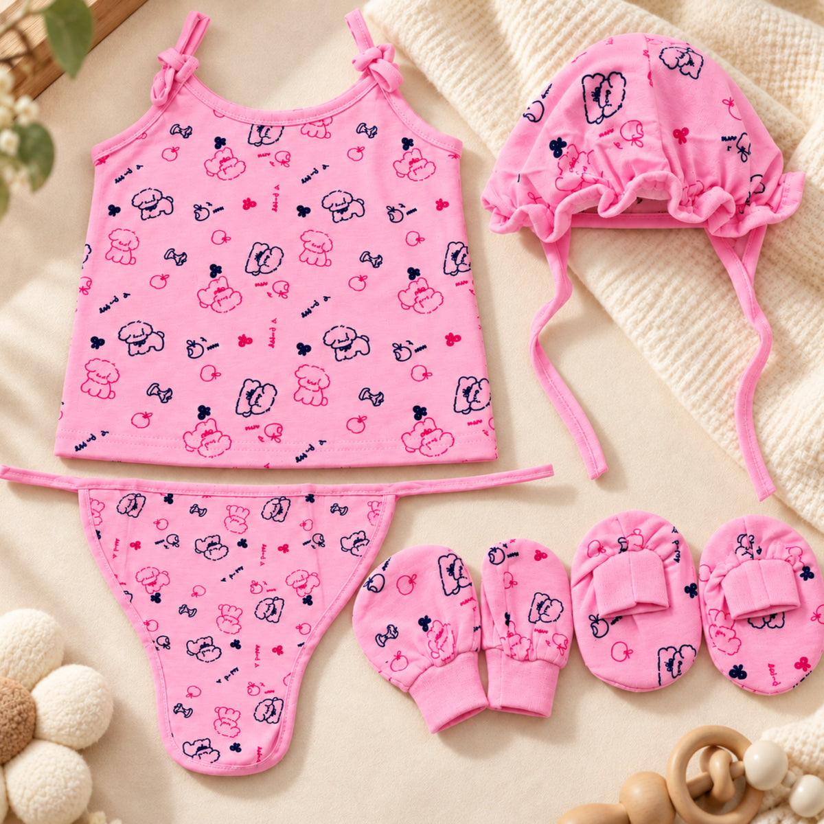 Newborn Baby Pink Printed 5-Piece Clothing Set | Sleeveless Top with Cap, Mittens, Booties & Nappy (Copy)