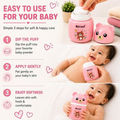 Cute Bear Baby Powder Storage Box with Puff – Pink