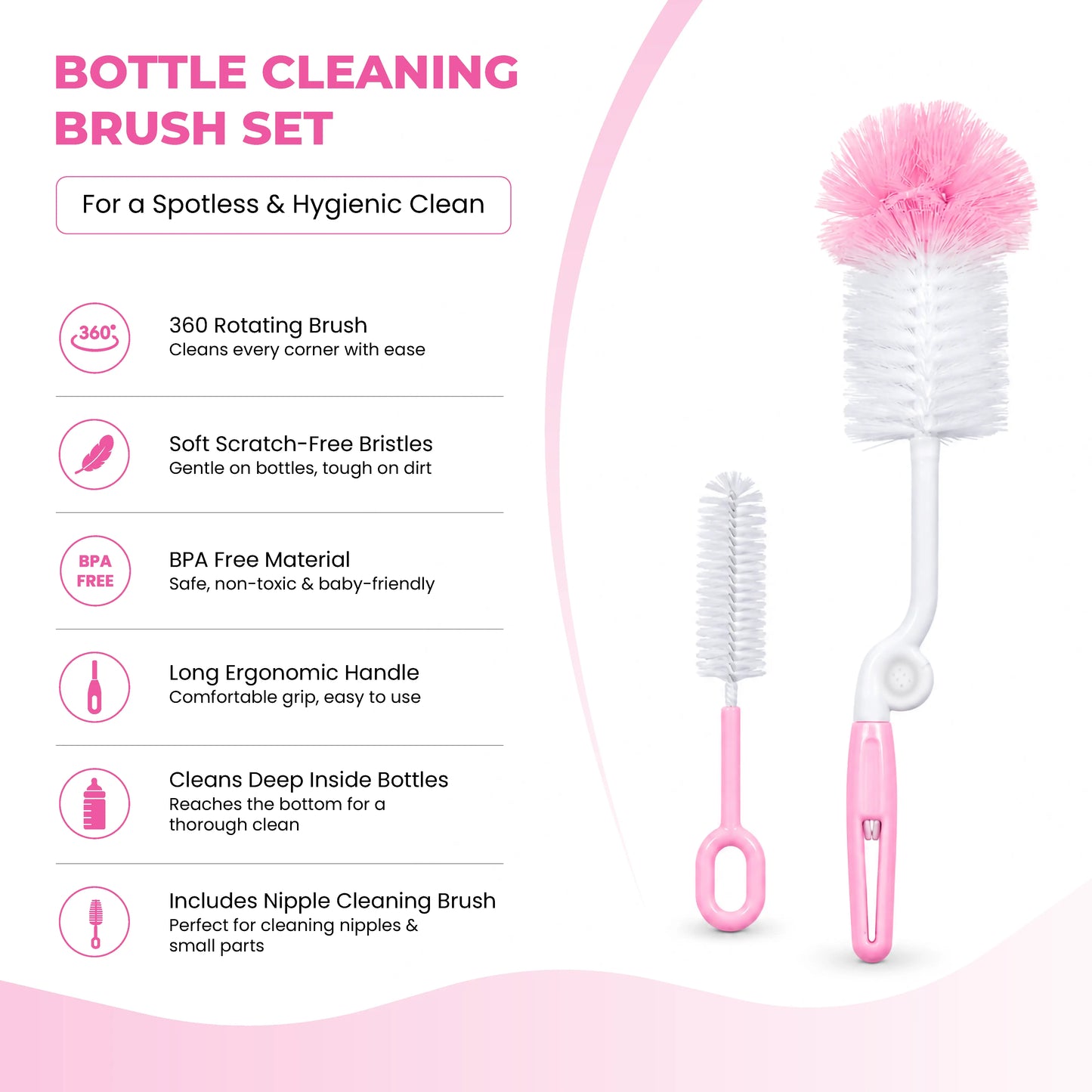 Baby Feeding Bottle Cleaning Brush Set, BPA Free – Pink