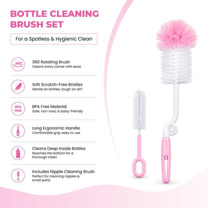 Baby Feeding Bottle Cleaning Brush Set, BPA Free – Pink