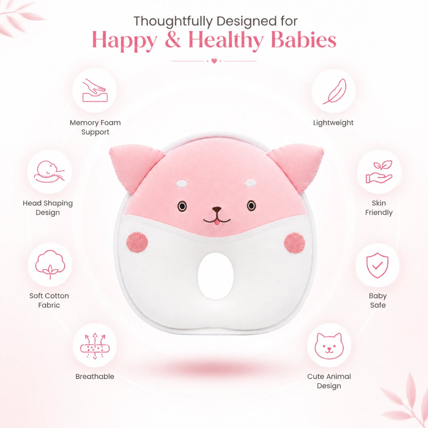 Pink Cat Design Baby Head Shaping Pillow – Pack of 1