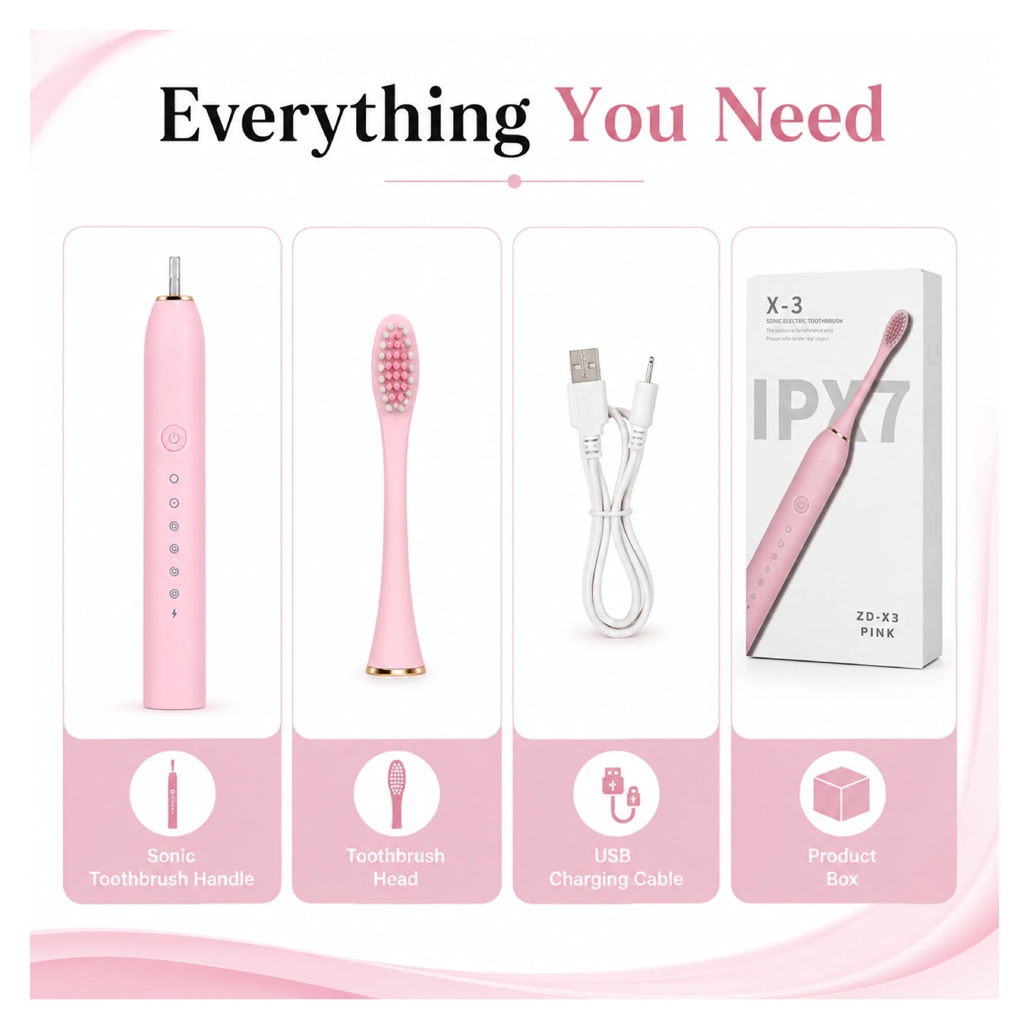 Pink Sonic Electric Toothbrush – Rechargeable & Waterproof – Pack of 1