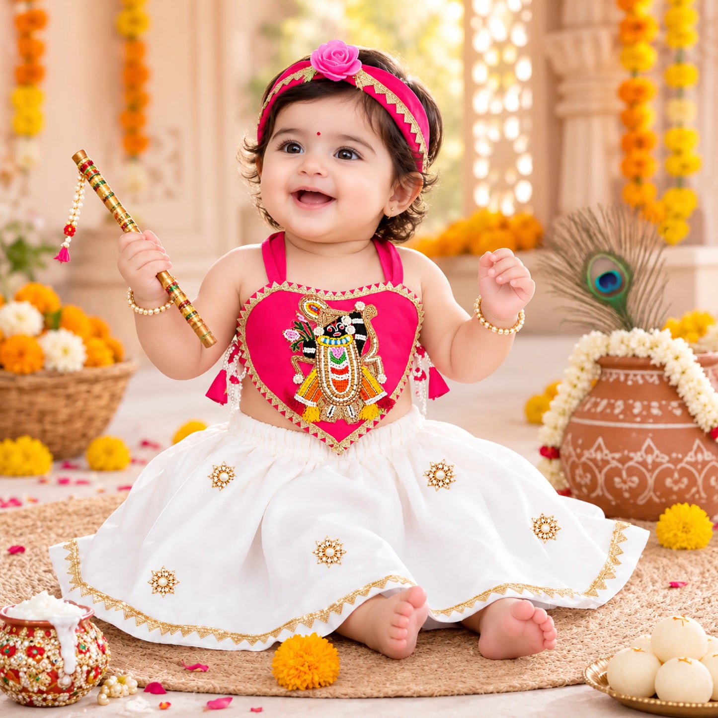 Baby Girl Shree Nathji Chhathi Pujan Ethnic Outfit Set – Pink