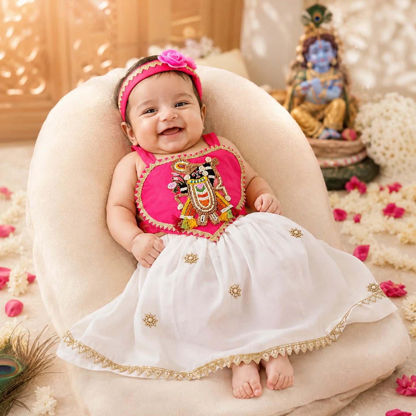 Baby Girl Shree Nathji Chhathi Pujan Ethnic Outfit Set – Pink