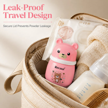 Cute Bear Baby Powder Storage Box with Puff – Pink