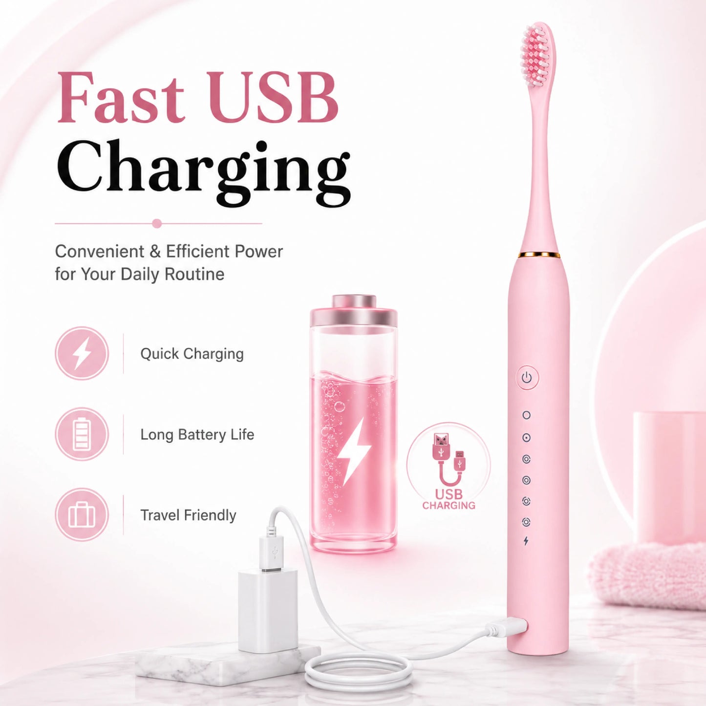 Pink Sonic Electric Toothbrush – Rechargeable & Waterproof – Pack of 1