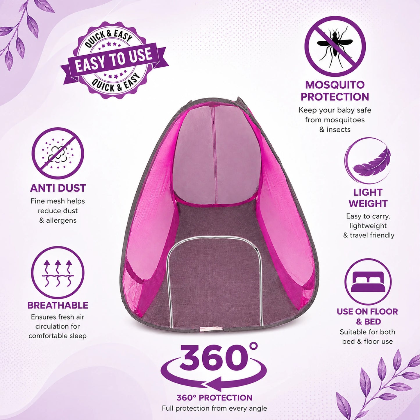 Foldable Pop-Up Mosquito Net Tent – Pink & Brown