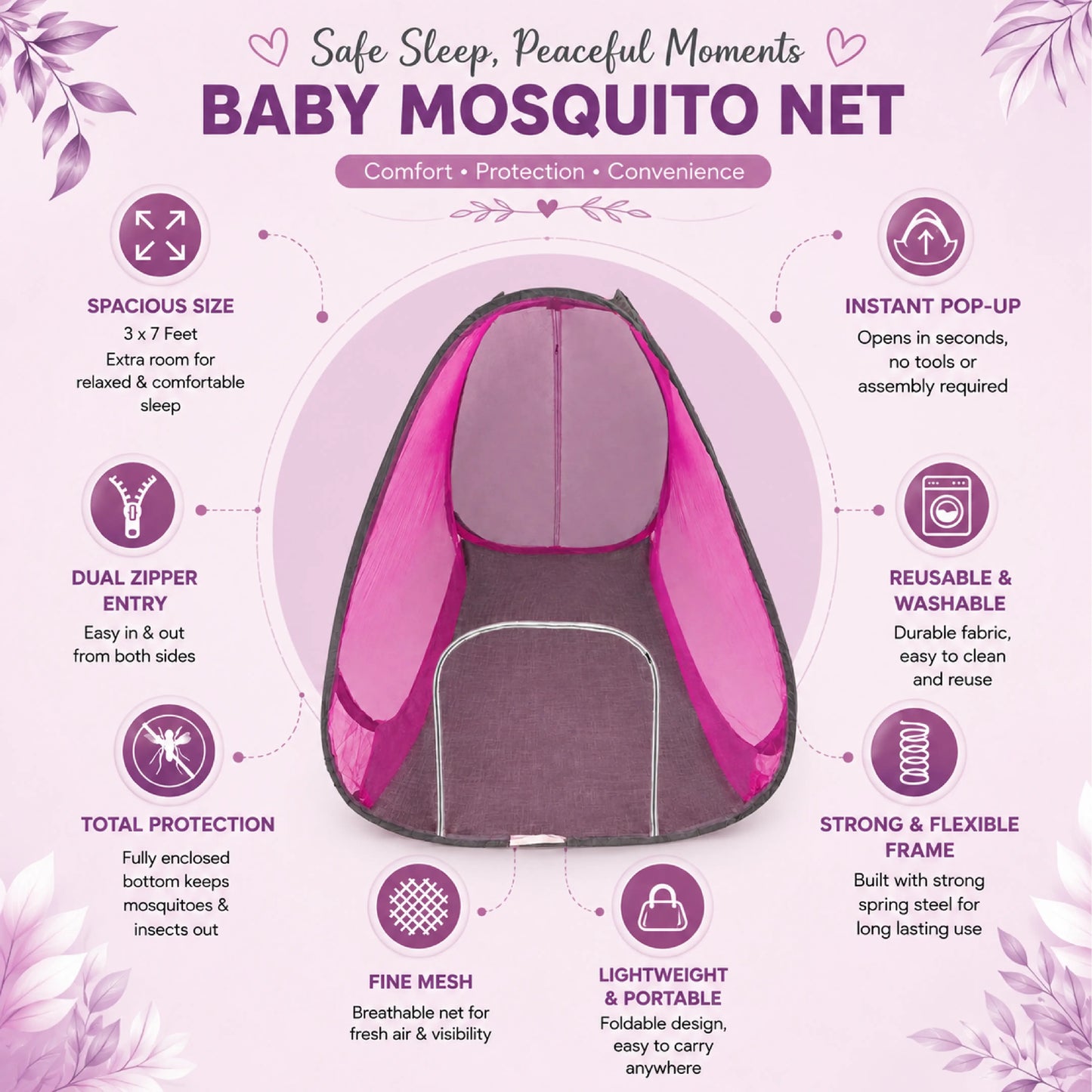 Foldable Pop-Up Mosquito Net Tent – Pink & Brown