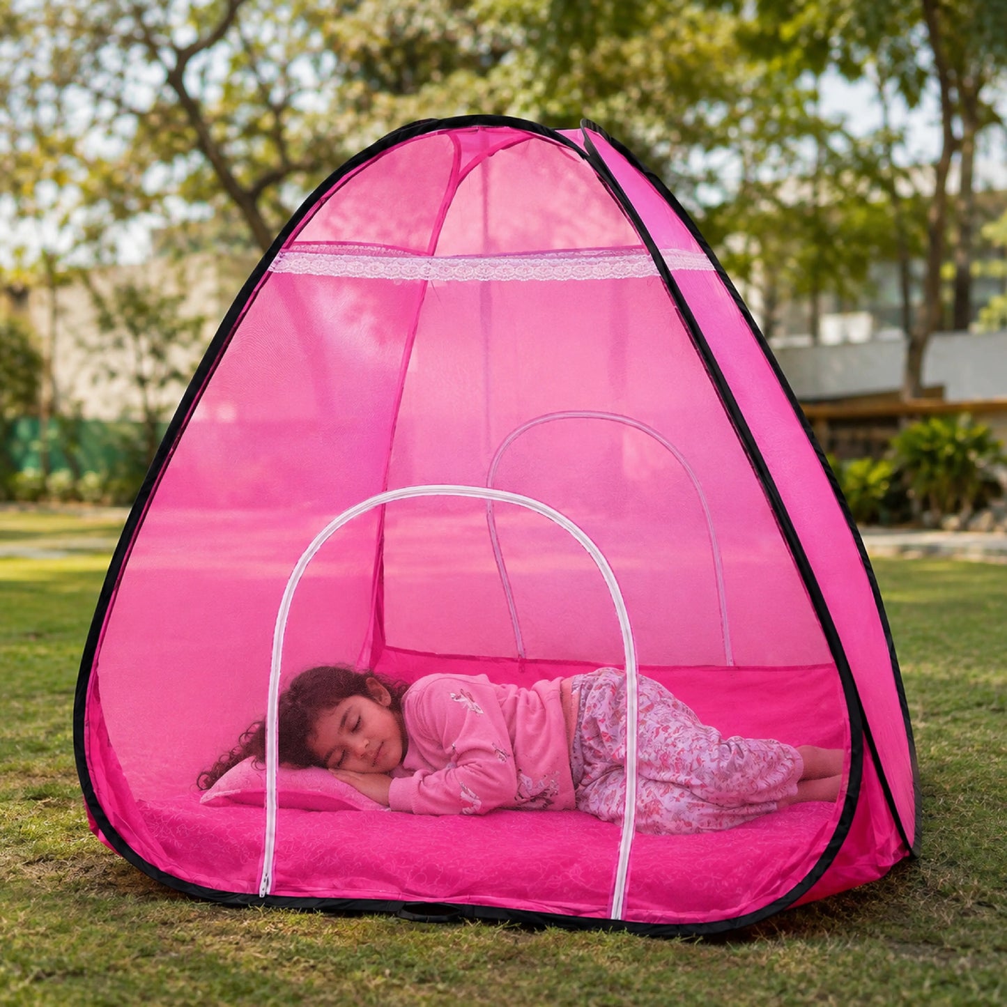 Foldable Pop-Up Mosquito Net Tent – Pink & Burgundy