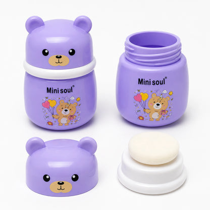 Cute Bear Baby Powder Storage Box with Puff – Purple