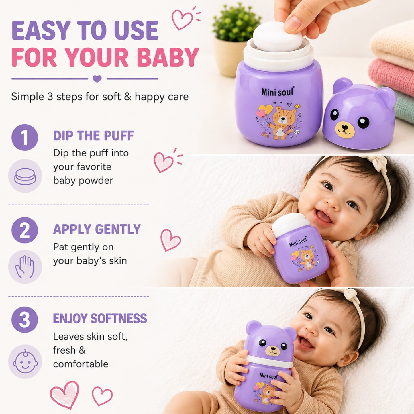 Cute Bear Baby Powder Storage Box with Puff – Purple
