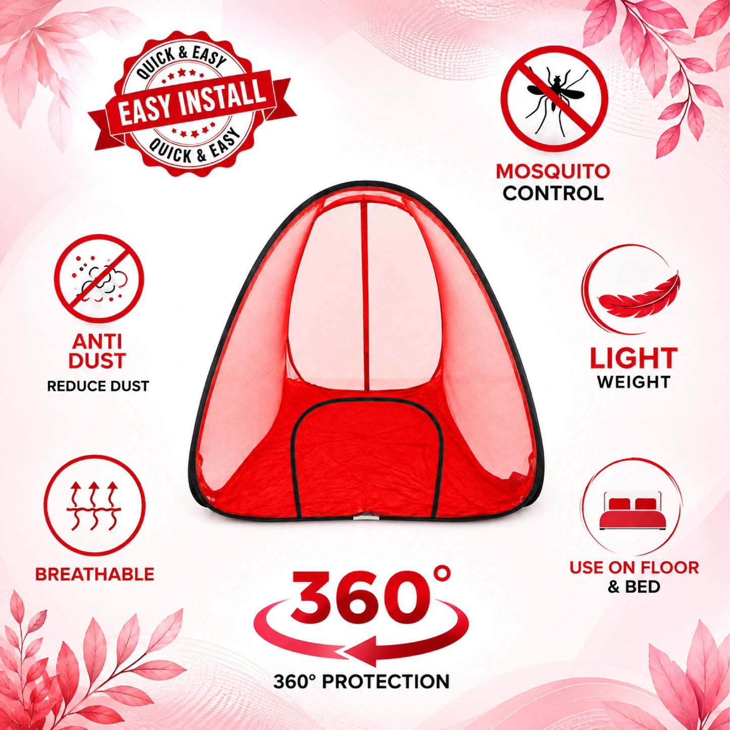 Foldable Pop-Up Mosquito Net Tent –Red