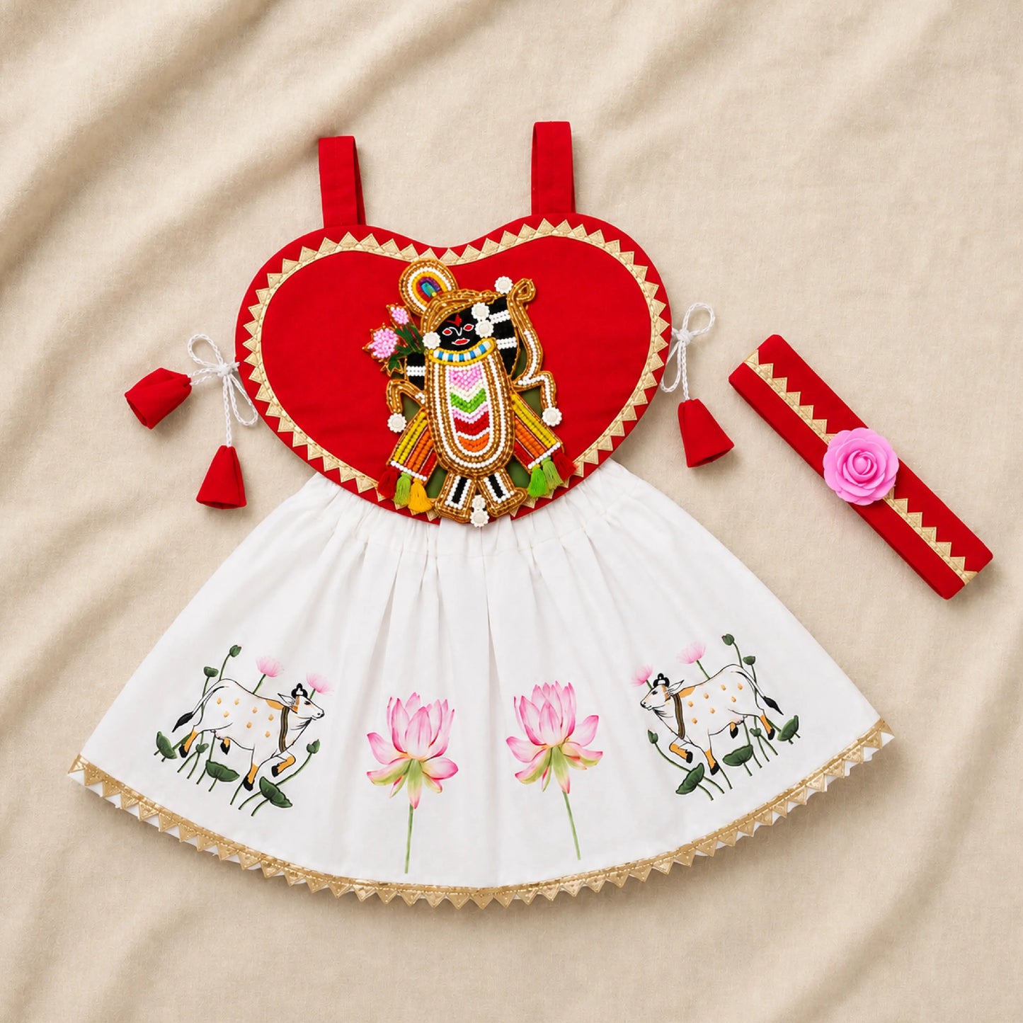 Baby Girl Shree Nathji Chhathi Pujan Dress with Kamdhenu – Red