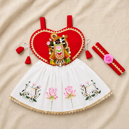 Baby Girl Shree Nathji Chhathi Pujan Dress with Kamdhenu – Red
