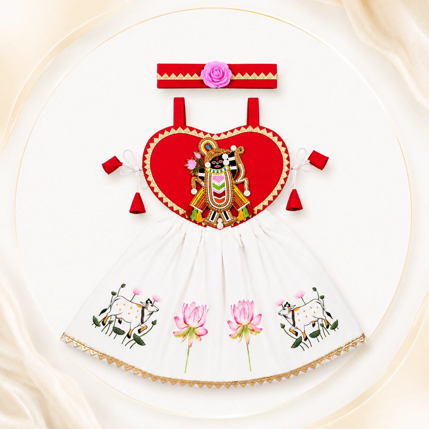Baby Girl Shree Nathji Chhathi Pujan Dress with Kamdhenu – Red