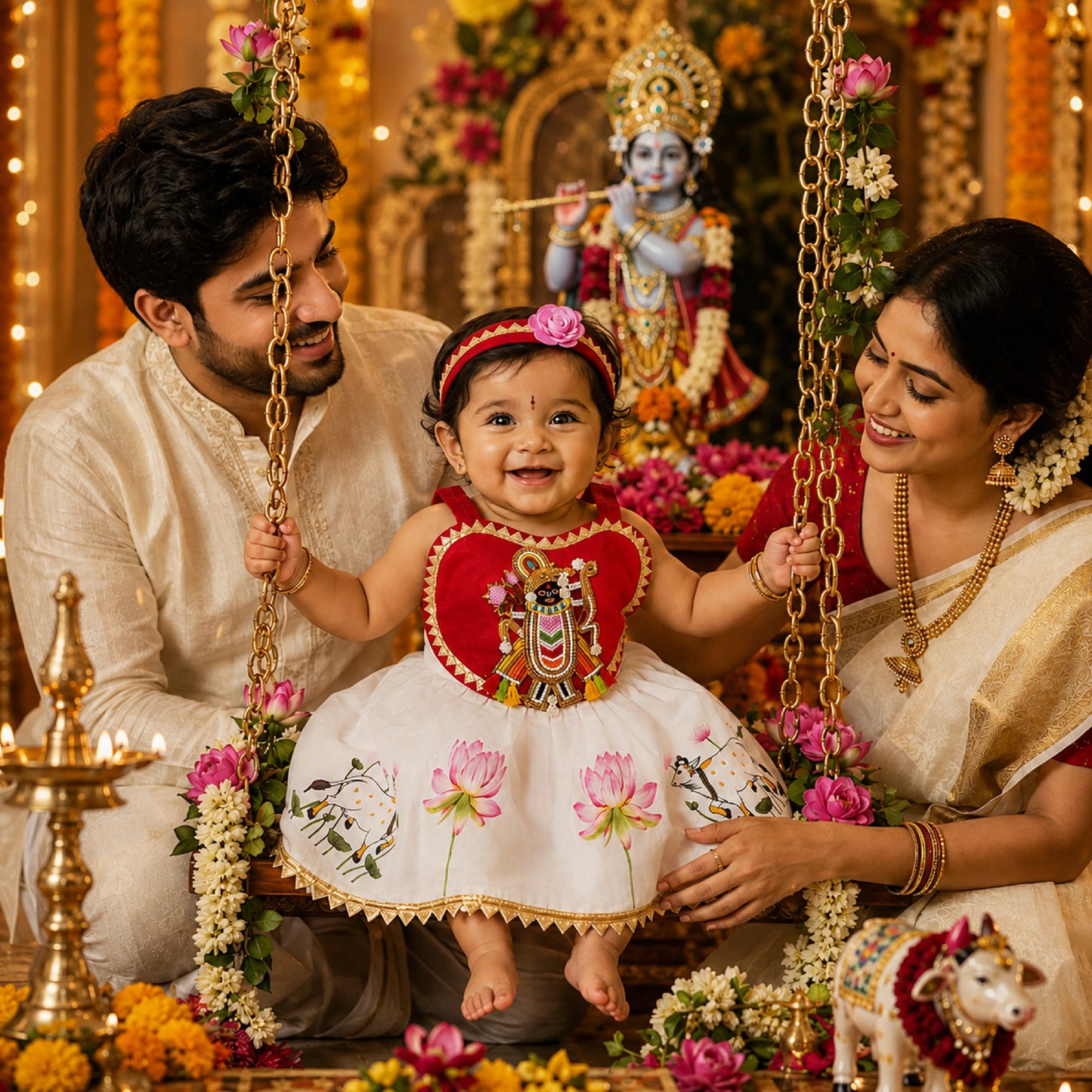 Baby Girl Shree Nathji Chhathi Pujan Dress with Kamdhenu – Red