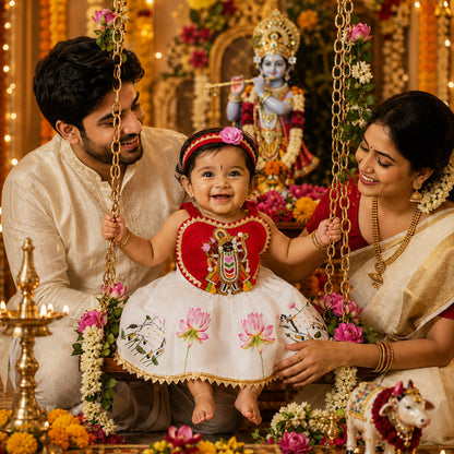 Baby Girl Shree Nathji Chhathi Pujan Dress with Kamdhenu – Red