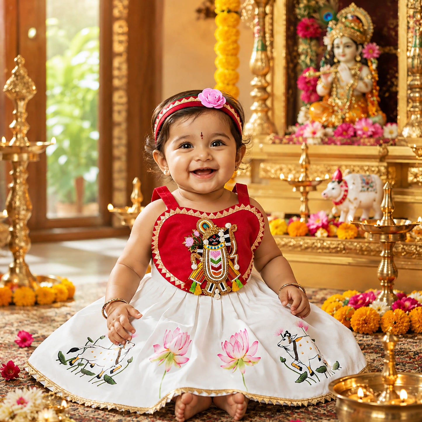 Baby Girl Shree Nathji Chhathi Pujan Dress with Kamdhenu – Red