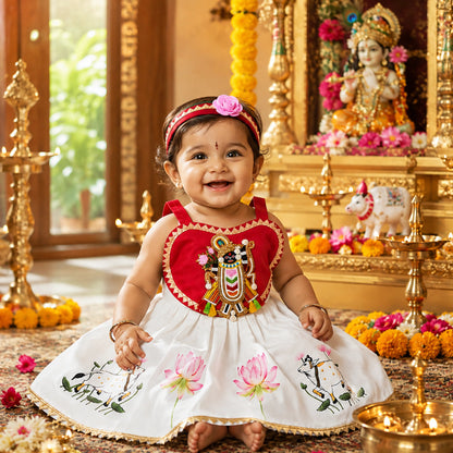 Baby Girl Shree Nathji Chhathi Pujan Dress with Kamdhenu – Red