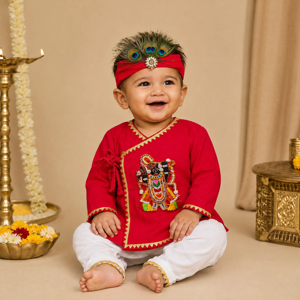 Baby Boy Shree Nathji Chhathi Pujan Ethnic Outfit Set – Red