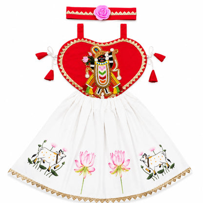 Baby Girl Shree Nathji Chhathi Pujan Dress with Kamdhenu – Red