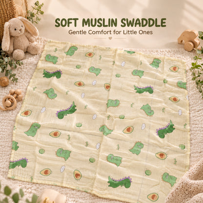 Baby Muslin Swaddle Wrap | Soft Printed Newborn Swaddling Blanket with Cute Dinosaur & Avocado Print