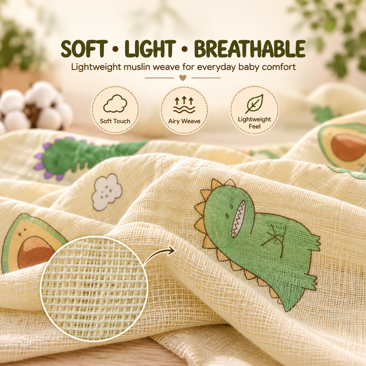 Baby Muslin Swaddle Wrap | Soft Printed Newborn Swaddling Blanket with Cute Dinosaur & Avocado Print