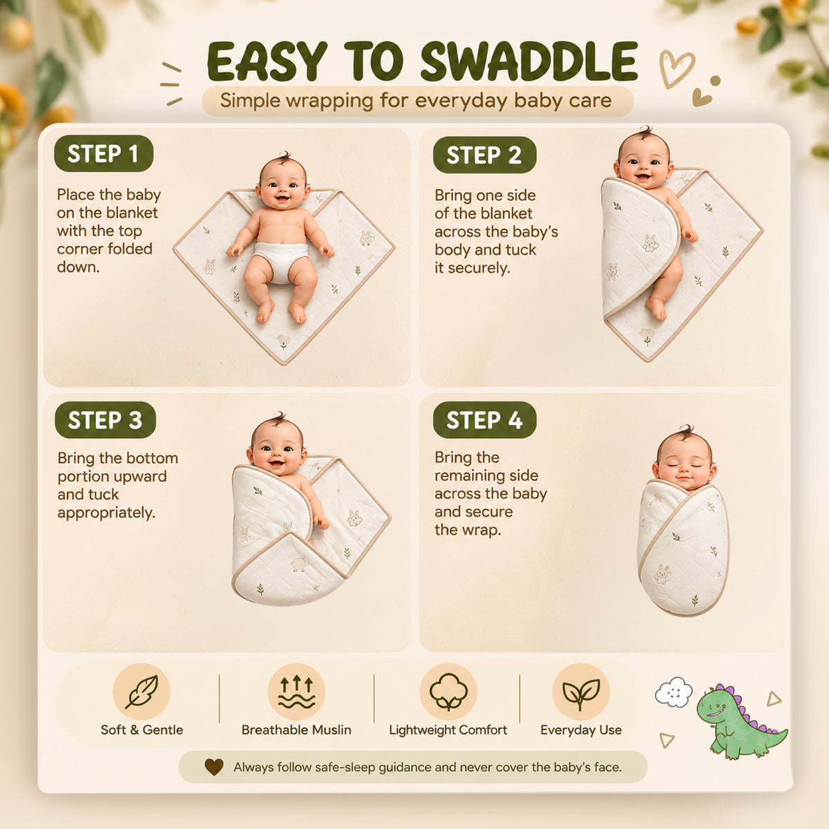 Baby Muslin Swaddle Wrap | Soft Printed Newborn Swaddling Blanket with Cute Dinosaur & Avocado Print