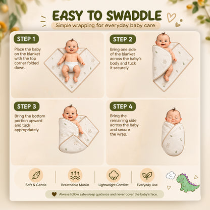 Baby Muslin Swaddle Wrap | Soft Printed Newborn Swaddling Blanket with Cute Dinosaur & Avocado Print