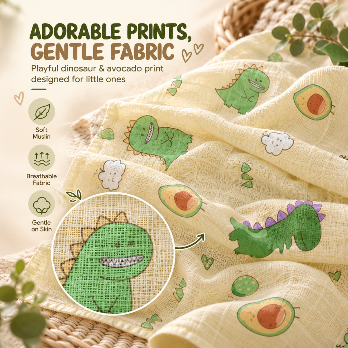 Baby Muslin Swaddle Wrap | Soft Printed Newborn Swaddling Blanket with Cute Dinosaur & Avocado Print
