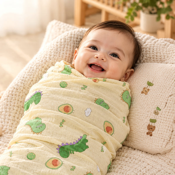 Baby Muslin Swaddle Wrap | Soft Printed Newborn Swaddling Blanket with Cute Dinosaur & Avocado Print