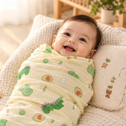 Baby Muslin Swaddle Wrap | Soft Printed Newborn Swaddling Blanket with Cute Dinosaur & Avocado Print